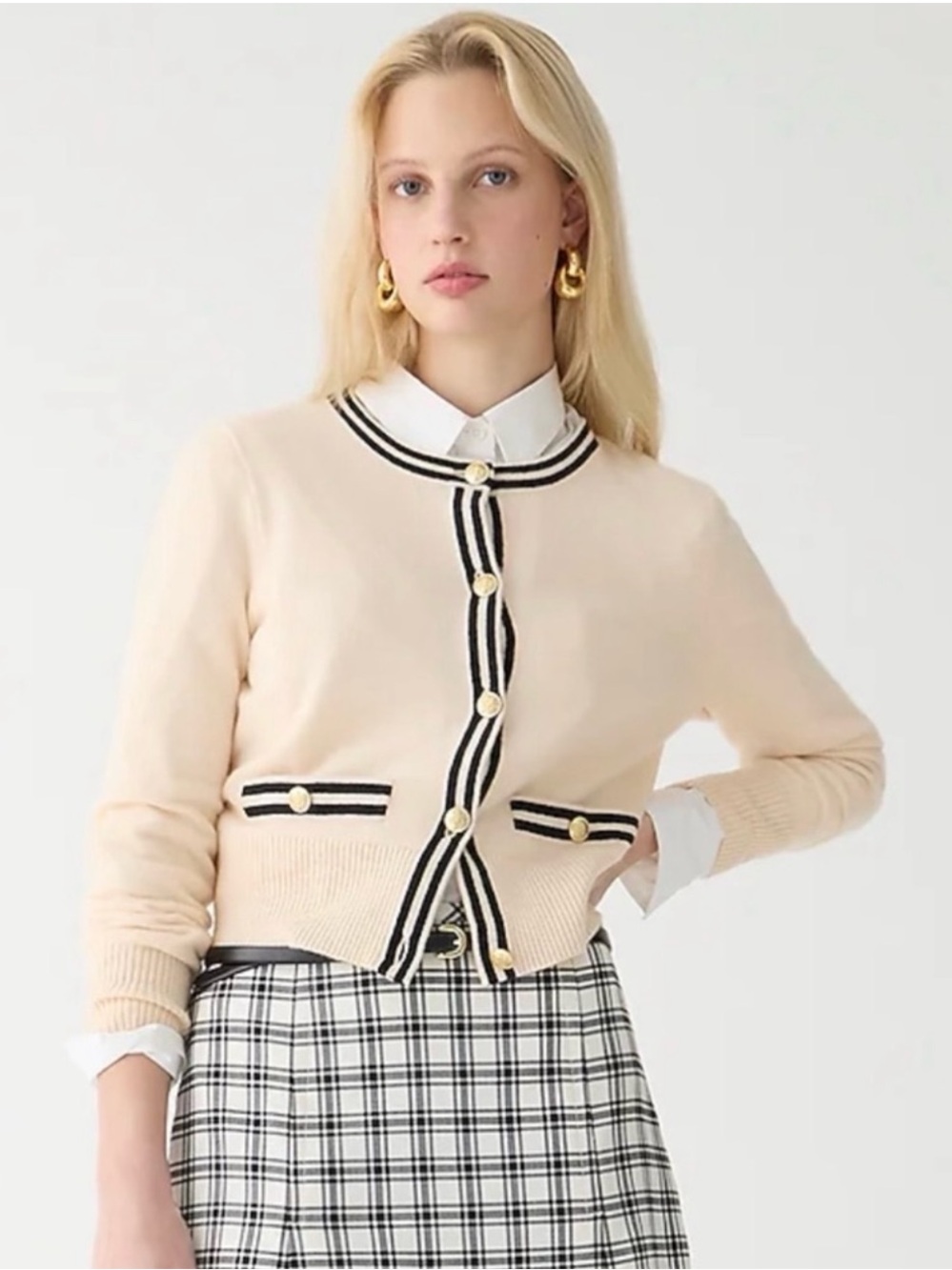 J. Crew Cream Cropped Cardigan with Black Trim and Gold Buttons
